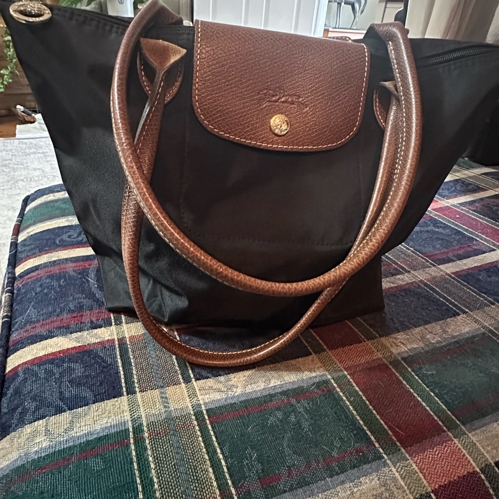 Longchamp Black and Brown Tote Bag with Leather Accents